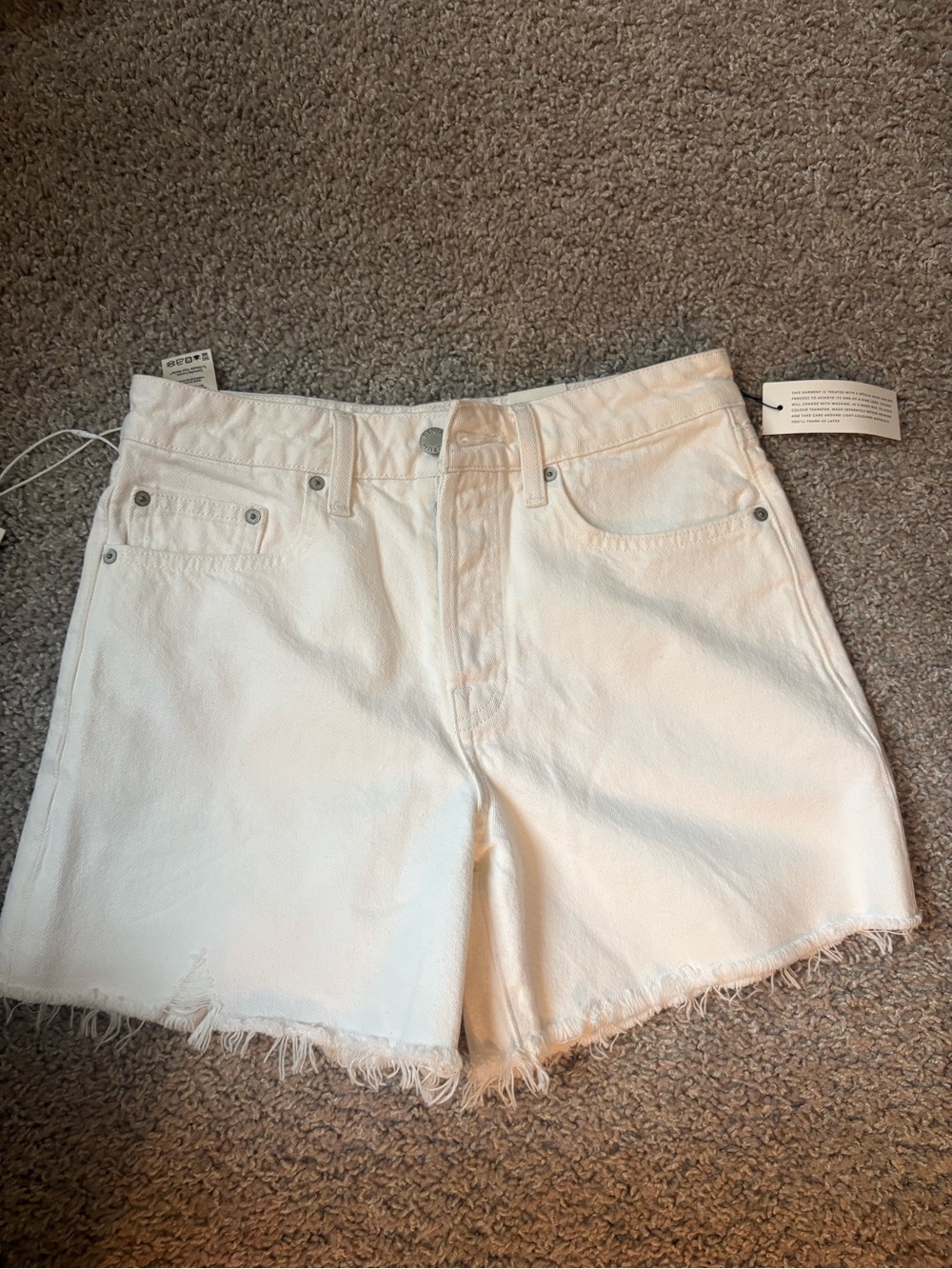 Aritzia White High-Rise Mid Thigh Frayed Hem Denim Shorts